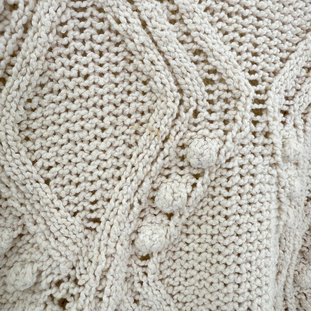 Zara Knit Cropped Sweater Small Cream Pom Pom Open Knit Boho Chic Pullover - Picture 5 of 11